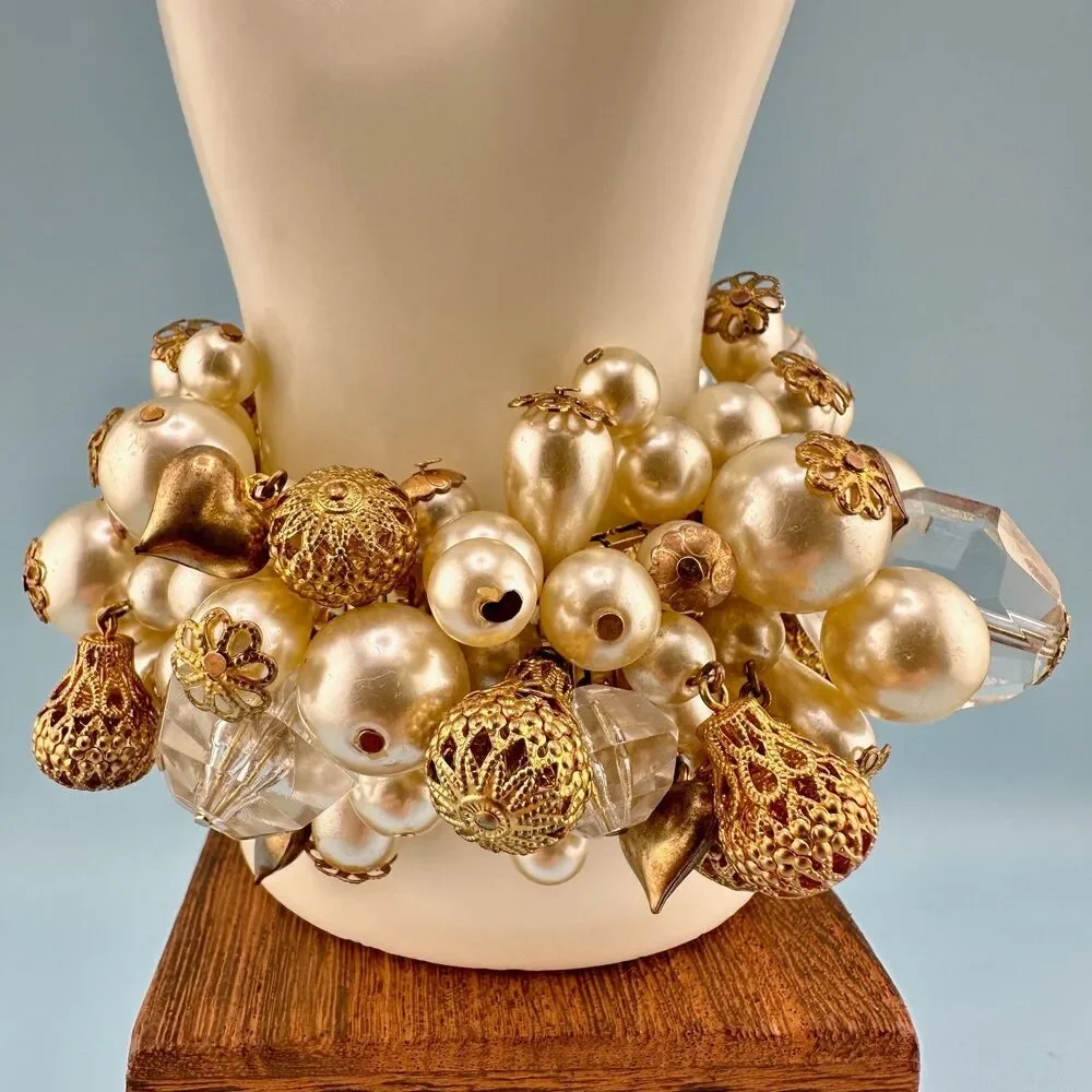 Vintage Cha Cha Bracelet Faux Pearl Filigree Ball Lucite Crystal Heart Expansion